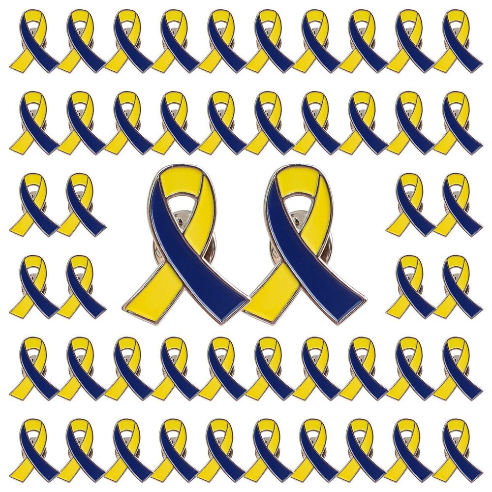 2265 50 Pcs Yellow&Blue Ribbon Brooches, 0.98 * 0.78in Alloy Down Syndrome